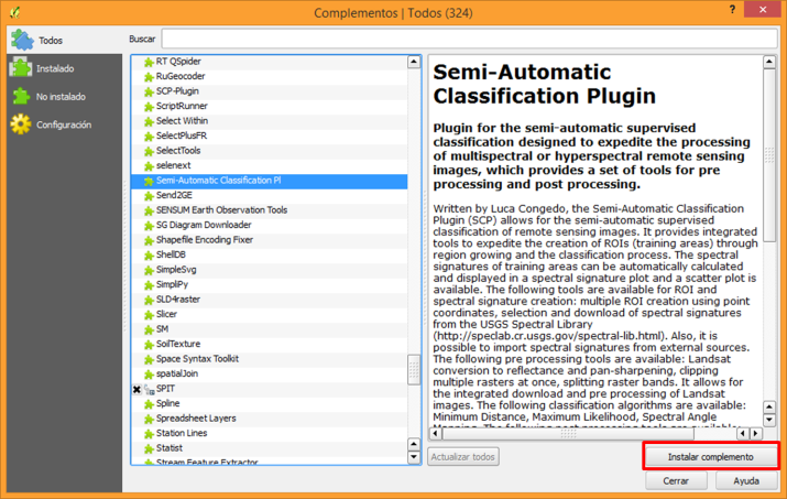 Figura 1. Instalar el Clasificación Semiautomática Plugin.